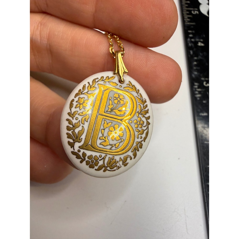 Gold Initial B Porcelain Pendant Necklace White Ceramic Floral Gold Tone Chain